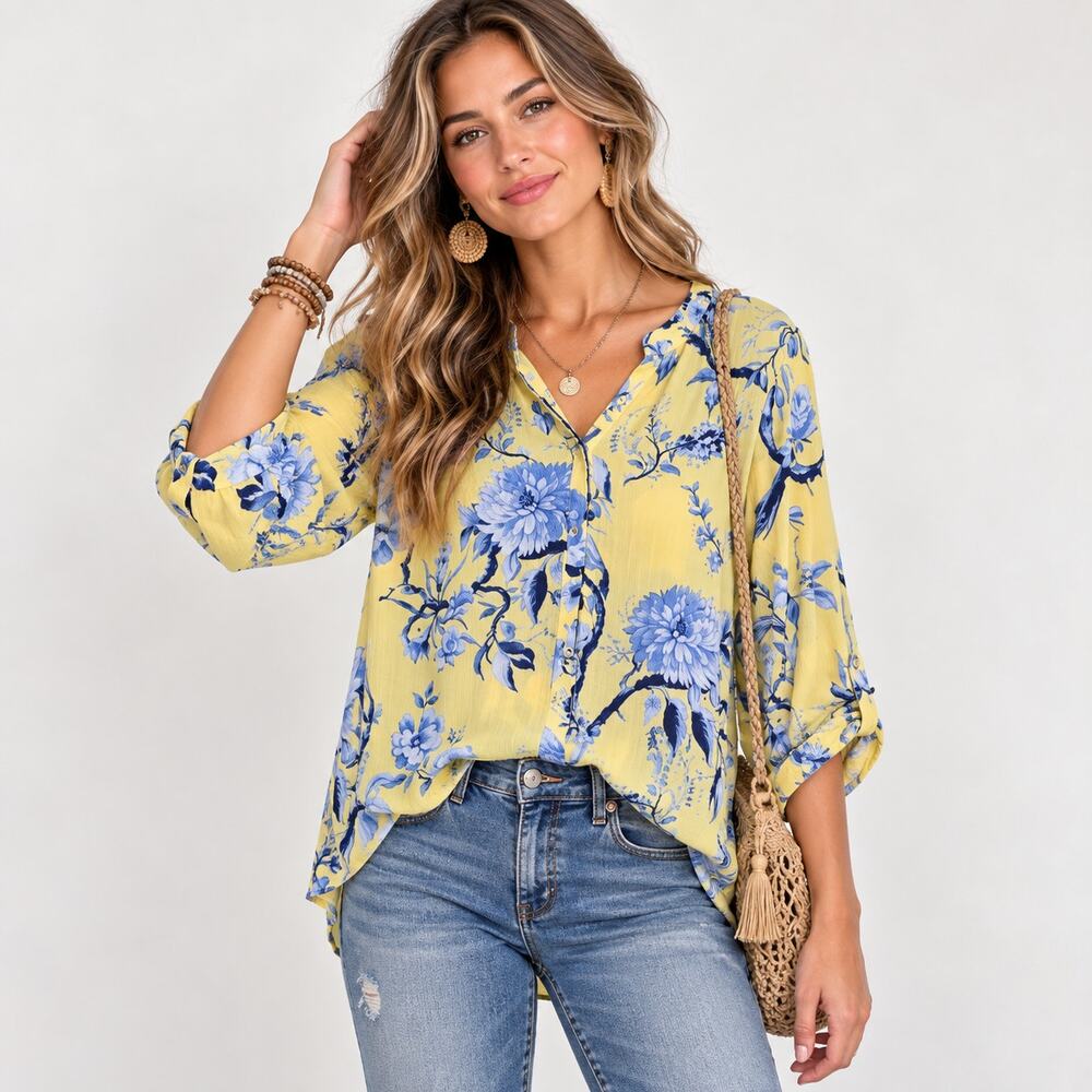 Talbots V-neck Blouse Women's Size XL Yellow Blue Birds Floral Cottage Coastal